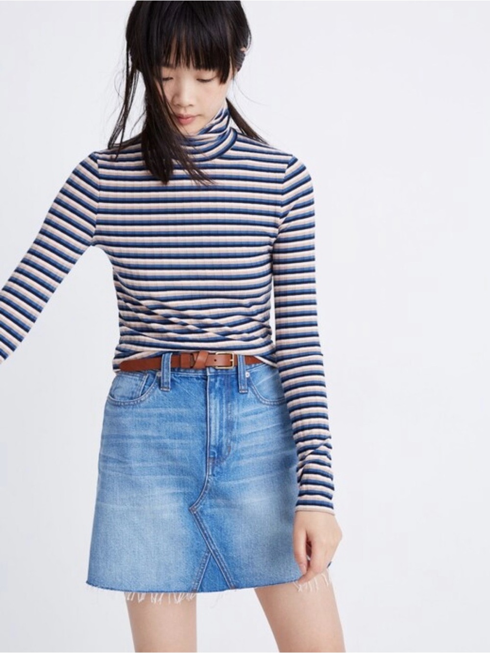 Madewell Ribbed Turtleneck Top in Stripe, Smoky Lilac, Size Small